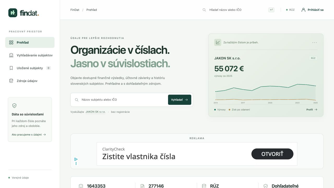 Nový dizajn FinDat.sk so zeleným bočným menu, vyhľadávaním subjektov a finančným grafom