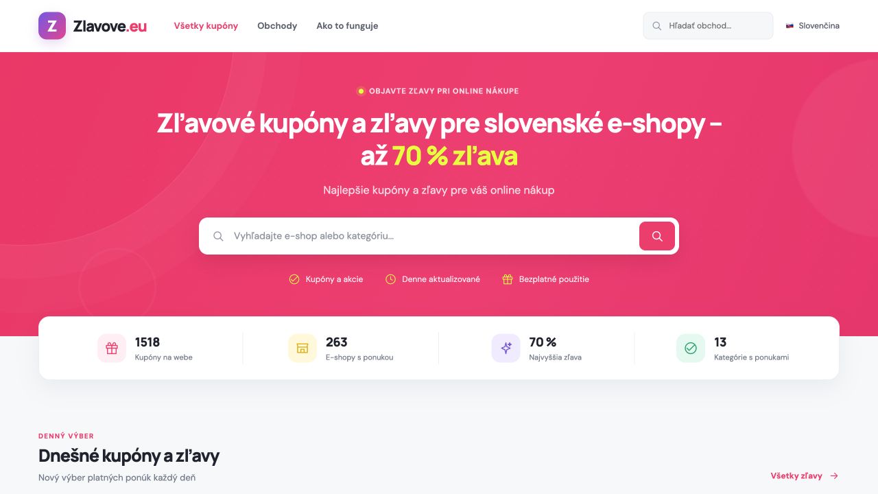 Aktuálna úvodná stránka kupónového portálu Zľavové.eu